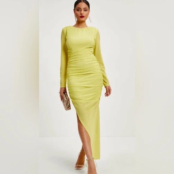 Vici Dresses & Skirts - Vici Runched Lime Glitter Bodycon Maxi Long Sleeve Dress